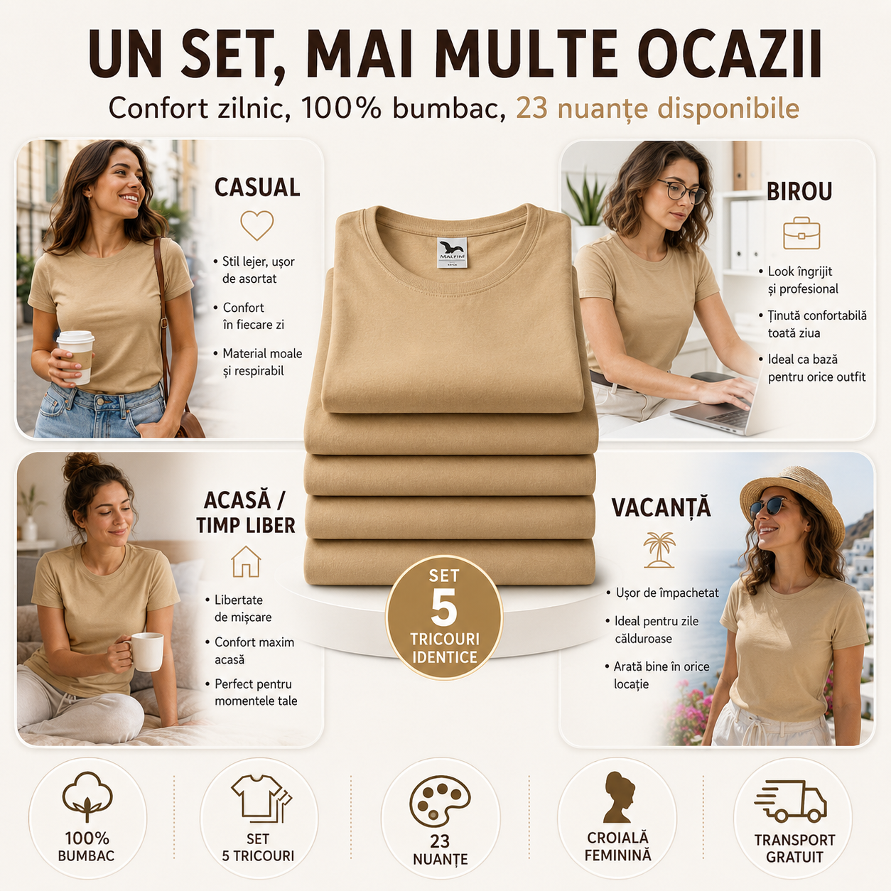 Set tricouri damă casual din bumbac disponibile &icirc;n 23 de nuanțe, culori clasice, neutre, pastelate și moderne